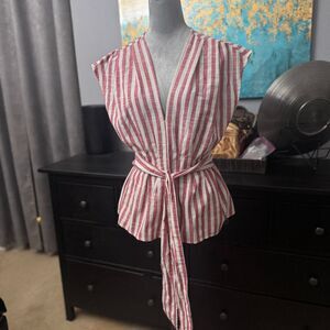 Max Studio Organic Cotton Top Red Awning Stripe With Smocked Waist Size M